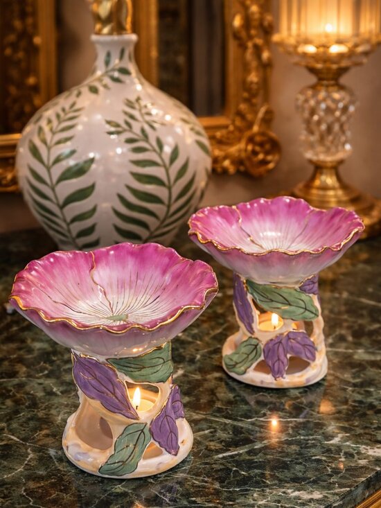 Other - Hand Painted Floral Glazed Ceramic Wax Melt Warmers Set 2 Pink Gold New